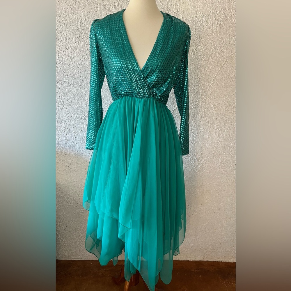 Vintage Ruth McCoulloch Turqoise Long Sleeve Sequin Layered Dress